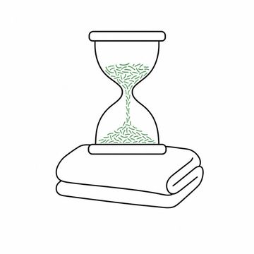 Line illustration: an hourglass whose falling sand is fine hair clippings, about a third run through, standing alone on a folded towel, the stream of clippings the accent colour