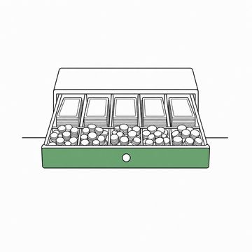 Line illustration: a cash-register drawer standing wide open on a bare counter, its coin trays already heaped over the brim and its note slots packed tight before the shop has opened, every coin and note completely blank with no numerals, faces or lettering, the open drawer front the accent colour
