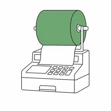 Line illustration: a small shop counter till fitted with a receipt paper roll the size of a cable drum towering over it on its spindle, keys, paper and body all completely blank with no lettering or numbers anywhere, the paper roll the accent colour
