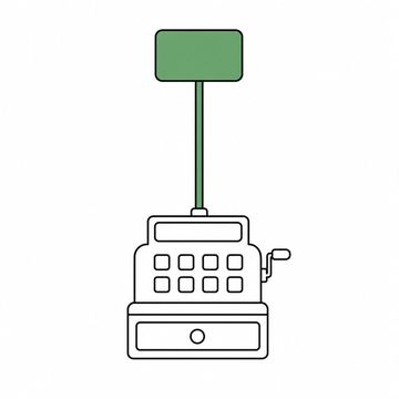 Line illustration: an old mechanical cash register with a single blank price flag popped up on a stalk twice the height of the machine itself, flag, keys and register all bare with no lettering or numerals, the raised flag the accent colour