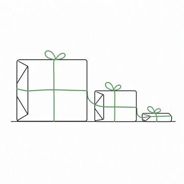 Line illustration: three brown paper parcels of wildly different sizes standing in a row on a shop counter, all three tied together by a single continuous length of string, the paper plain and free of any lettering, stamps or markings, the string the accent colour