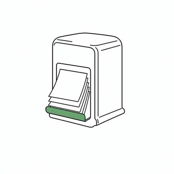 Line illustration: a chrome counter-top napkin dispenser on a shop counter with small folded paper notes fanned out of its slot instead of napkins, every note blank and free of lettering, the dispenser's slot lip the accent colour