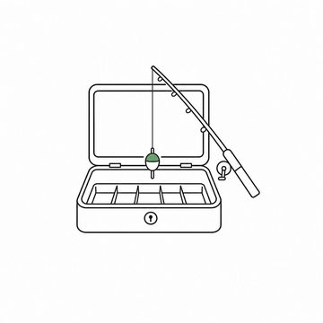 Line illustration: an open metal cash tin on a shop counter with its coin trays empty and a small fishing rod propped across it, the line hanging down inside the tin, no lettering or numerals anywhere, the float the accent colour