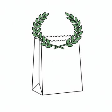 Line illustration: a plain brown paper shopping bag standing upright on a counter with a laurel wreath resting around its rim like a crown, the bag free of any print, lettering or markings, the wreath the accent colour
