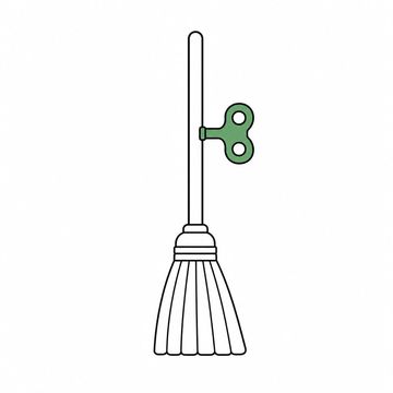 Line illustration: an upright shop broom standing on its bristles with an oversized clockwork wind-up key set into its handle, nothing else in the frame, the wind-up key the accent colour