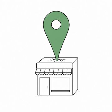 Line illustration: a small shopfront with an enormously oversized map pin pushed through its roof like a drawing pin, the fascia board above the door and the awning left completely blank with no lettering or numerals, the pin's head the accent colour