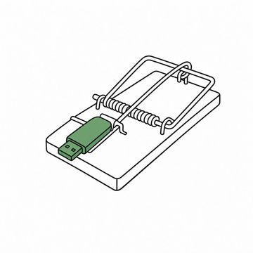 Line illustration: an ordinary sprung wooden mousetrap set on a bare desktop with a small USB memory stick fixed to it as the bait, trap and stick completely plain with no lettering, numbers or logos, the memory stick the accent colour
