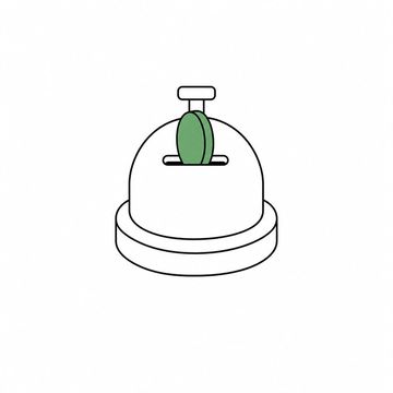 Line illustration: a shop counter bell of the press-down kind with a coin slot cut into its dome and one coin standing upright in the slot, the bell and both faces of the coin smooth and blank with no lettering, numerals or emblems, the coin the accent colour