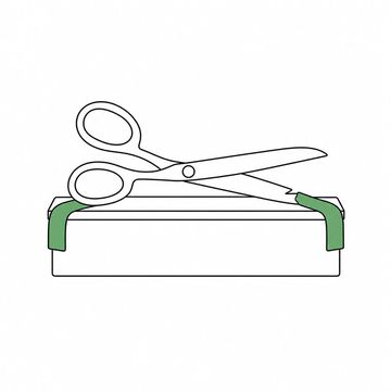Line illustration: a pair of ceremonial ribbon-cutting scissors as long as the shop counter they rest on, a slim ribbon threaded between their open blades and just nicked at one edge, no lettering or numerals anywhere, the ribbon the accent colour