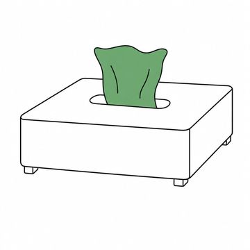 Line illustration: a tissue box scaled up to the size of a low coffee table, standing alone on the floor with a single tissue already drawn up and standing through its slot, the box's surfaces plain with no lettering or pattern, the raised tissue the accent colour