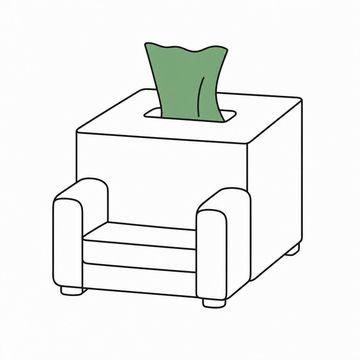 Line illustration: an ordinary bedside tissue box scaled up to the size of an armchair with one single tissue drawn up through the slot in its top, the box entirely plain with no pattern, lettering or numbers anywhere, the raised tissue the accent colour