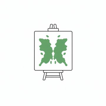 Line illustration: a symmetrical inkblot card the size of a tabletop propped upright on a tiny artist's easel far too small for it, the card blank apart from the blot with no lettering or numerals, the inkblot the accent colour