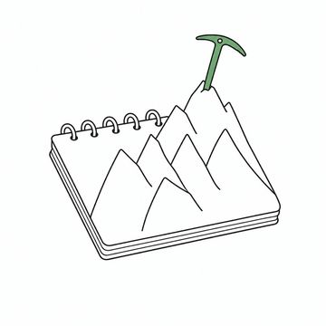 Line illustration: an ordinary spiral notepad whose blank pages have folded themselves up into an alpine mountain range with a climber's ice axe planted in the summit page, the paper bare with no lettering, numerals or markings anywhere, the ice axe the accent colour
