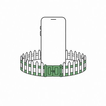Line illustration: a smartphone standing upright on a desk, ringed at arm's length by a circular white picket fence with one small closed gate, the phone screen blank and free of any lettering or icons, the fence the accent colour
