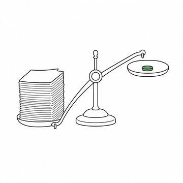Line illustration: an old brass balance scale with a thick heap of blank insurance claim forms on one pan and a single small coin on the other, the paperwork pan crashed all the way down to the table, the forms completely bare with no lettering, numerals or printed rules, the coin the accent colour