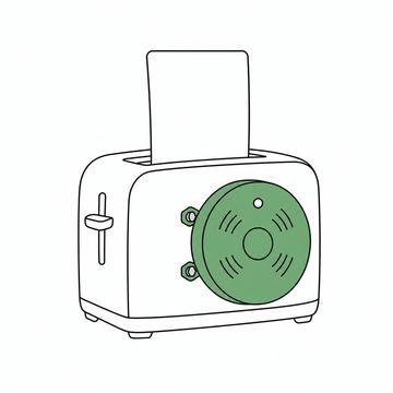Line illustration: a kitchen toaster with an oversized domestic smoke alarm bolted to its side and a single blank sheet of handout paper rising from the slot instead of toast, the paper bare with no lettering or markings, the smoke alarm the accent colour