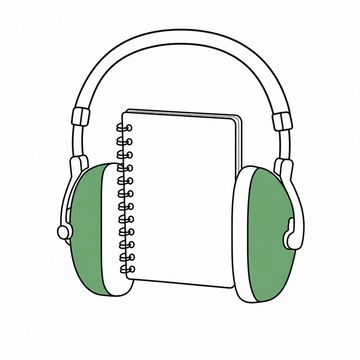 Line illustration: a closed spiral session notebook clamped between the cups of an enormous pair of industrial ear defenders, the notebook cover blank with no lettering or numbering, the ear-defender cups the accent colour