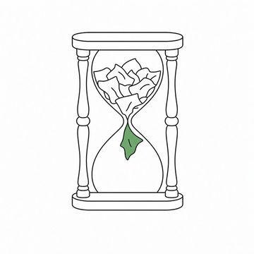 Line illustration: an hourglass in a turned wooden frame whose upper bulb is packed with tissues instead of sand, one tissue drawn halfway through the narrow waist, the frame and glass unmarked with no lettering or numbers, the caught tissue the accent colour