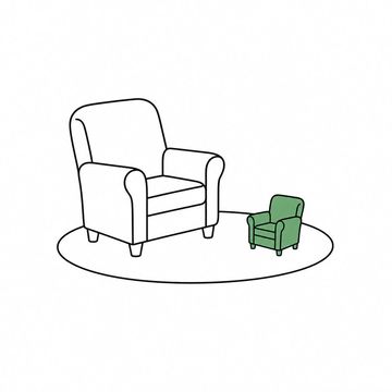 Line illustration: a full-size upholstered therapy armchair facing a doll's-house-sized armchair of exactly the same design across a small round rug, nothing else in the frame and no lettering anywhere, the tiny armchair the accent colour
