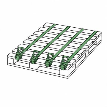 Line illustration: an empty wooden shipping pallet with nothing loaded on it at all, already lashed down under four heavy ratchet straps pulled bar-tight across its bare slats, no lettering, stencils or numbers anywhere, the ratchet buckles the accent colour
