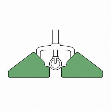 Line illustration: two heavy rubber truck wheel chocks set snugly either side of one small office-chair castor, each chock many times the size of the wheel it is blocking, all surfaces plain with no lettering or numbers, the chocks the accent colour