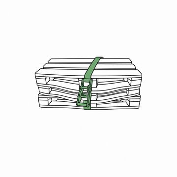 Line illustration: a load ratchet strap cinched so tight around a stack of wooden pallets that the whole stack is crushed to half its height, everything plain with no lettering or numerals anywhere, the strap and its ratchet the accent colour