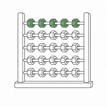 Line illustration: an oversized wooden abacus strung with heavy chrome truck lug nuts instead of beads, the frame plain with no lettering or numbers on it, the top row of lug nuts the accent colour