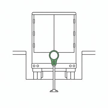 Line illustration: a coin-operated parking meter bolted to the concrete directly beneath the rear doors of a trailer backed into a loading dock, the meter's dial completely blank with no numbers or markings, the meter head the accent colour