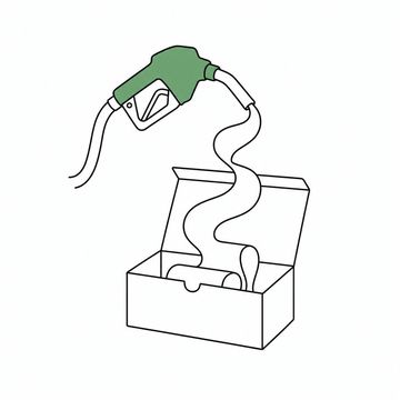 Line illustration: a diesel fuel-pump nozzle hanging over an open cardboard shoebox and dispensing a long curling ribbon of receipt paper into it instead of fuel, the paper completely blank with no printing or numbers on it, the nozzle the accent colour