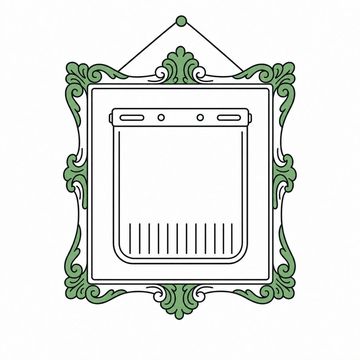 Line illustration: a plain rubber truck mud flap mounted in an ornate gilded picture frame and hung like a portrait, the flap completely blank and unmarked with no lettering or numbers of any kind, the frame the accent colour