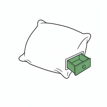 Line illustration: a truck sleeper-cab pillow with a small wooden drawer built into its side, the drawer pulled open and empty, the drawer the accent colour