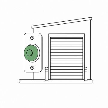Line illustration: an oversized brass doorbell push mounted on the wall beside the roll-up door of a factory loading dock, with no lettering, numbers or markings anywhere on the door or the wall, the doorbell push the accent colour