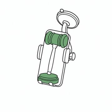 Line illustration: a judge's wooden gavel and its striking block gripped in a truck's windscreen suction-cup phone mount, the gavel head the accent colour