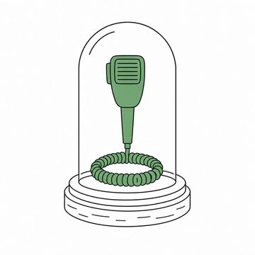 Line illustration: a glass display dome resting on a wooden plinth with a single CB radio microphone enshrined beneath it and its coiled cord curled around the base, the microphone, plinth and dome bare of any lettering, numerals, plaque or maker's marks, the microphone the accent colour