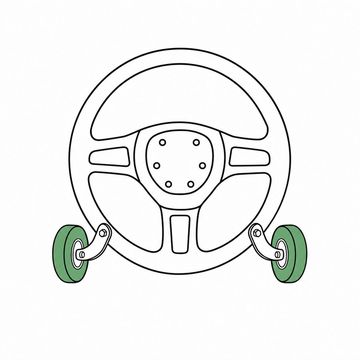 Line illustration: a heavy truck steering wheel standing upright with a pair of small bicycle training wheels bolted to its rim, the training wheels the accent colour