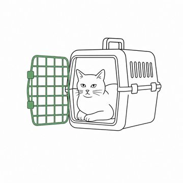 Line illustration: a hard plastic pet carrier sitting with its wire door standing wide open and a calm domestic cat already settled squarely inside of its own accord, the cat drawn plainly with no cartoon expression, no lettering or markings anywhere on the shell, the carrier's door the accent colour