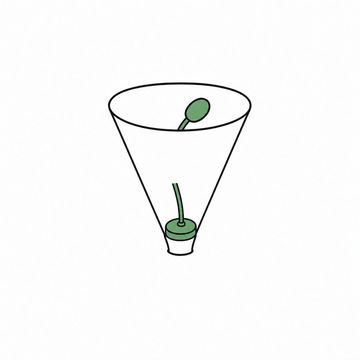 Line illustration: an Elizabethan cone collar standing upright on its narrow end with a small desk microphone seated inside the wide opening like a flower in a vase, the cone plain and unmarked with no size markings or lettering, the microphone the accent colour