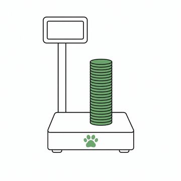 Line illustration: a veterinary walk-on floor scale carrying one tall stack of coins on its platform, the scale's display panel completely blank with no numerals or lettering anywhere, the stack of coins the accent colour