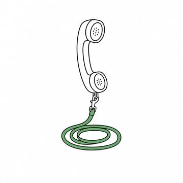 Line illustration: a dog's lead clipped to the handle of a telephone handset instead of to a collar, the slack of the lead coiled on the surface beneath, nothing in the frame carrying lettering or numbers, the lead the accent colour