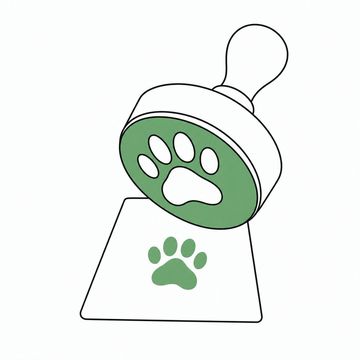 Line illustration: an oversized rubber stamp, far larger than the sheet of paper beneath it, its rubber face cut as a single paw print, one crisp paw print already pressed on the otherwise blank sheet and no lettering or numbers anywhere, the stamp's ink pad the accent colour