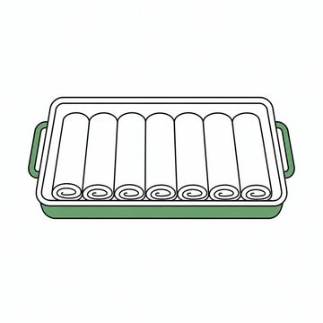 Line illustration: a stainless steel surgical instrument tray with tightly rolled sheets of paper laid out in the neat row where the scissors, forceps and clamps should be, every sheet blank and unmarked with no lettering visible, the tray the accent colour
