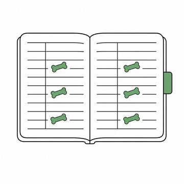 Line illustration: an oversized appointment book lying open with a dog biscuit resting in each of its blank time slots, the pages carrying ruled lines only and absolutely no numbers, lettering or markings anywhere, the biscuits the accent colour