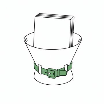 Line illustration: a neat stack of paper patient records standing inside a plastic Elizabethan cone collar with its straps buckled tight around them, the papers blank and unmarked with no lettering or numbers showing, the collar straps the accent colour