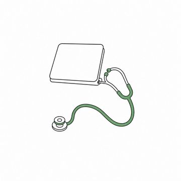 Line illustration: a stethoscope with its earpieces plugged into the headphone socket of a small closed laptop, the tubing looping down across the desk, the laptop lid plain and unmarked with no lettering, badges or markings on it, the stethoscope tubing the accent colour