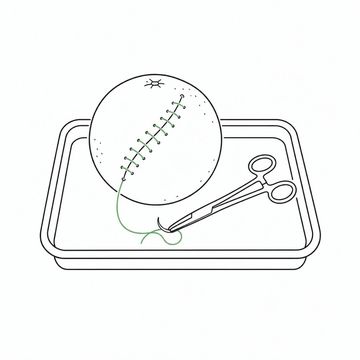 Line illustration: an orange resting on a stainless steel instrument tray with a neat row of surgical sutures closing a curved incision in its peel and a needle holder lying alongside it, no lettering or markings on the tray or the instruments, the suture thread the accent colour